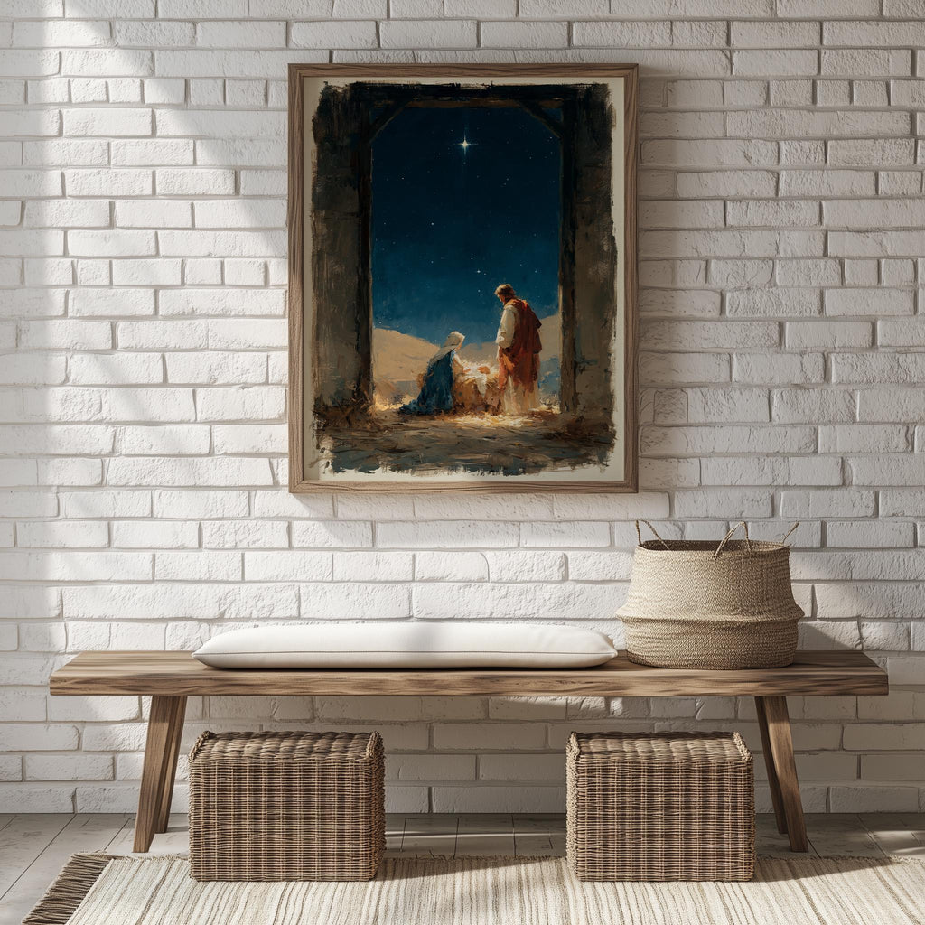Moody Nativity Christmas art print shown in a room setting