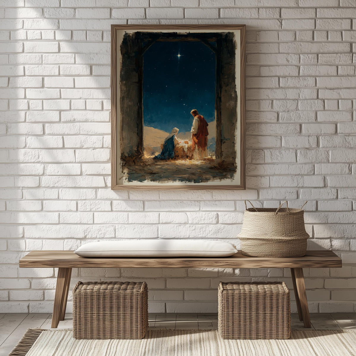 Moody Nativity Christmas art print shown in a room setting