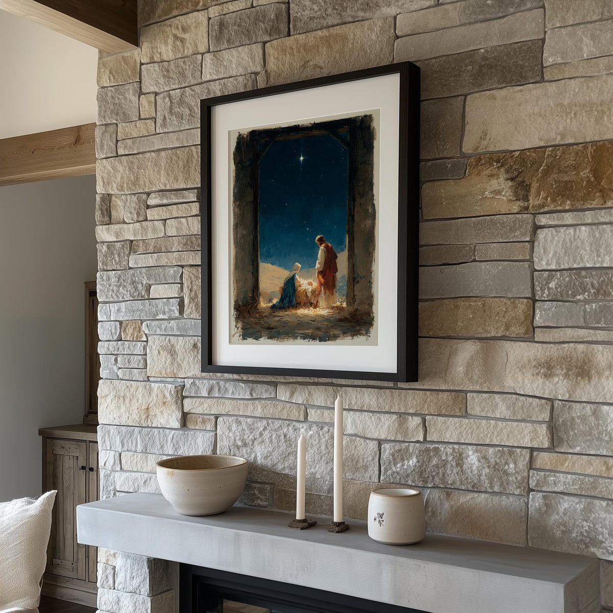 Moody Nativity Christmas art print shown in a room setting