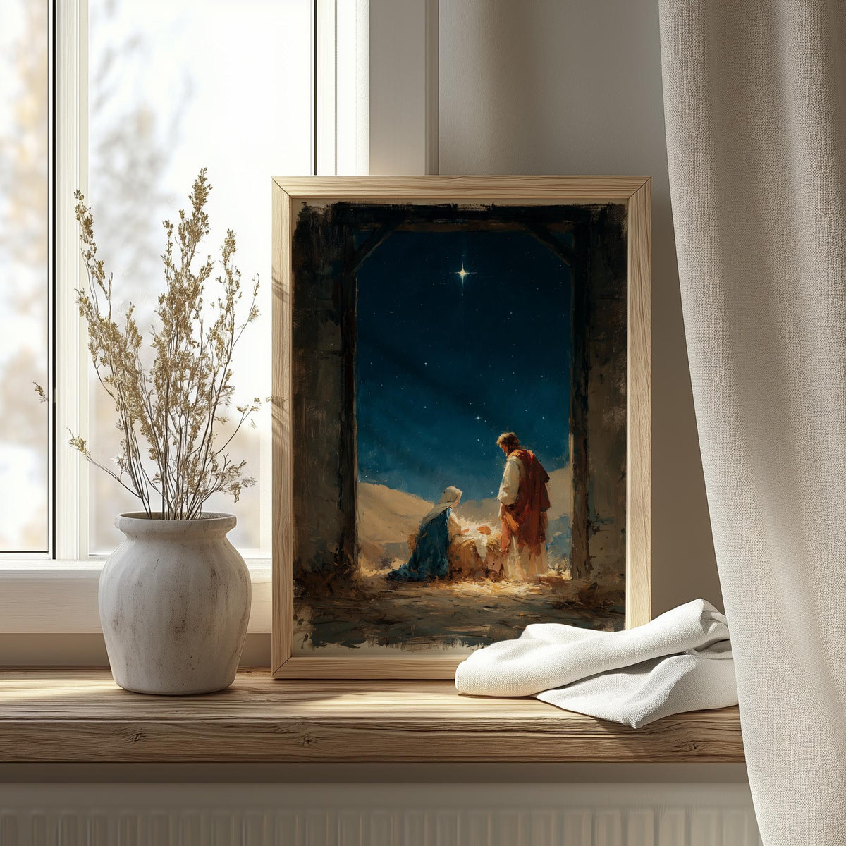Moody Nativity Christmas art print shown in a room setting