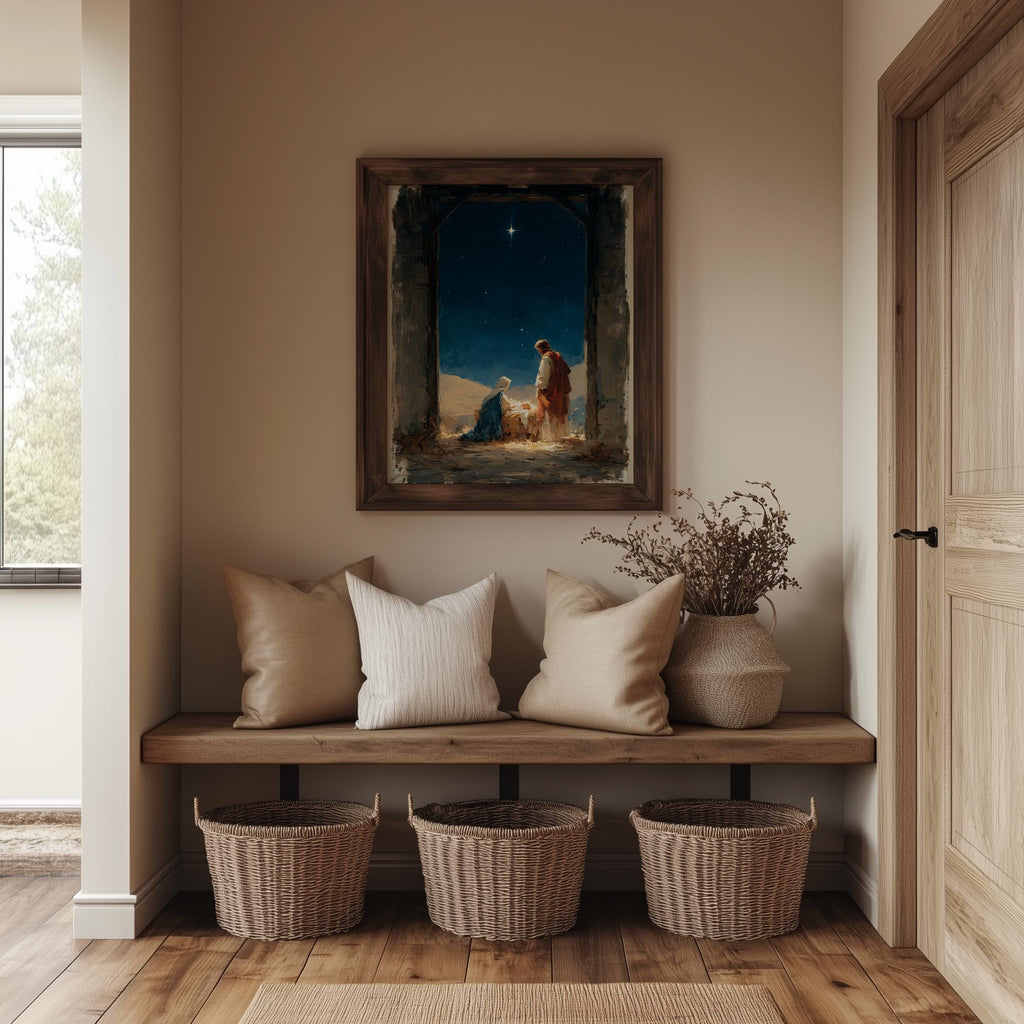 Moody Nativity Christmas art print shown in a room setting
