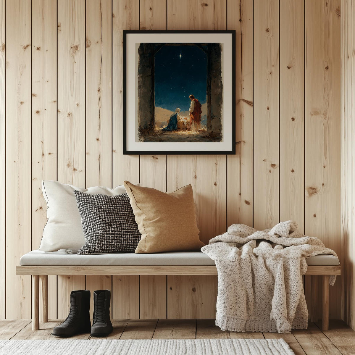 Moody Nativity Christmas art print shown in a room setting
