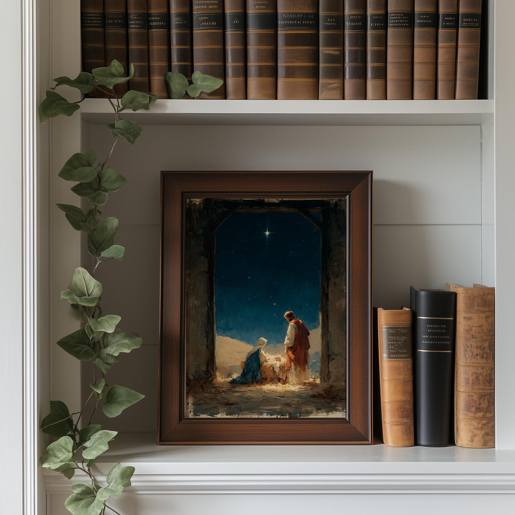 Moody Nativity Christmas art print shown in a room setting