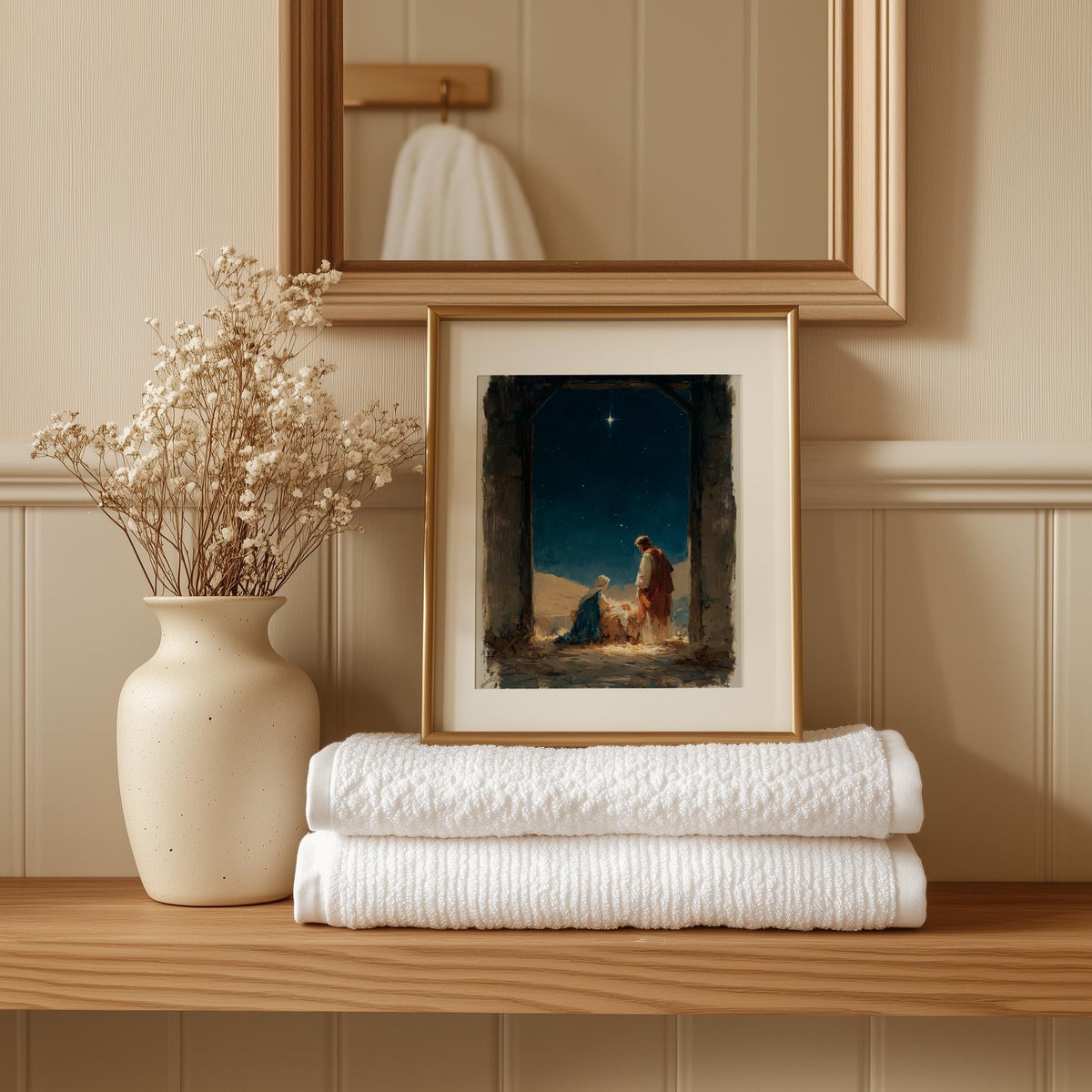 Moody Nativity Christmas art print shown in a room setting