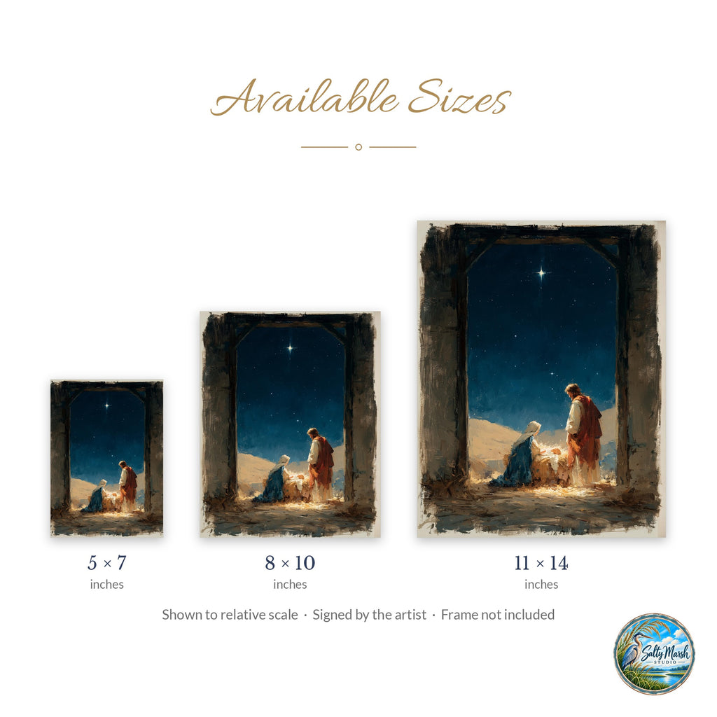 Moody Nativity art print size guide: 5x7, 8x10 and 11x14