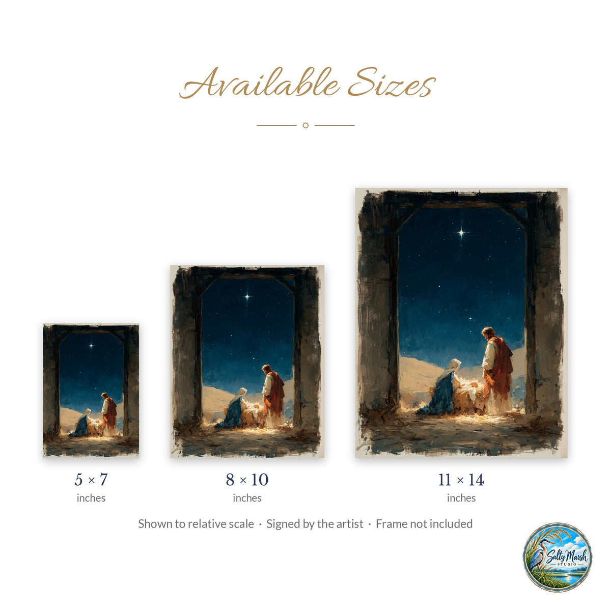 Moody Nativity art print size guide: 5x7, 8x10 and 11x14