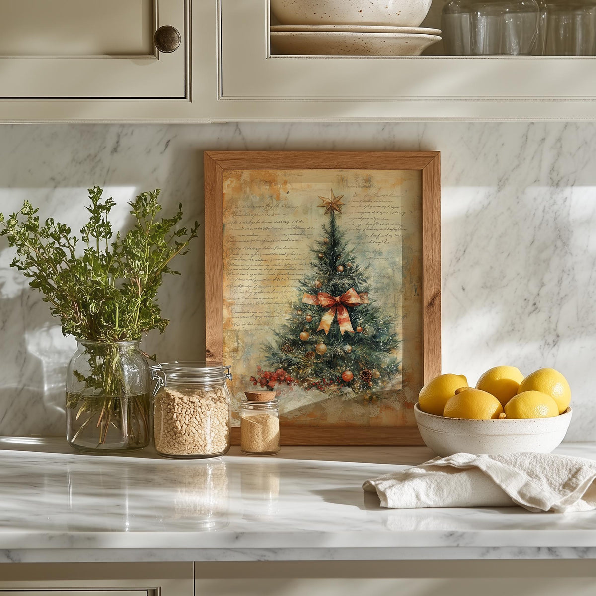 Letter Tree Christmas art print shown in a room setting