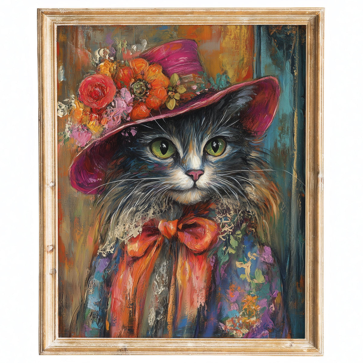 Cat Floral Hat animal art print framed