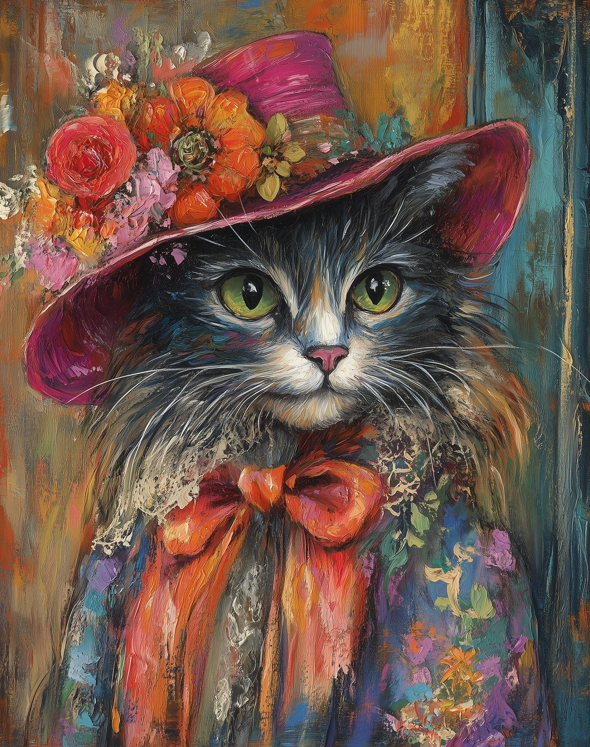 Cat Floral Hat animal art print unframed, signed by Pattie Overcash