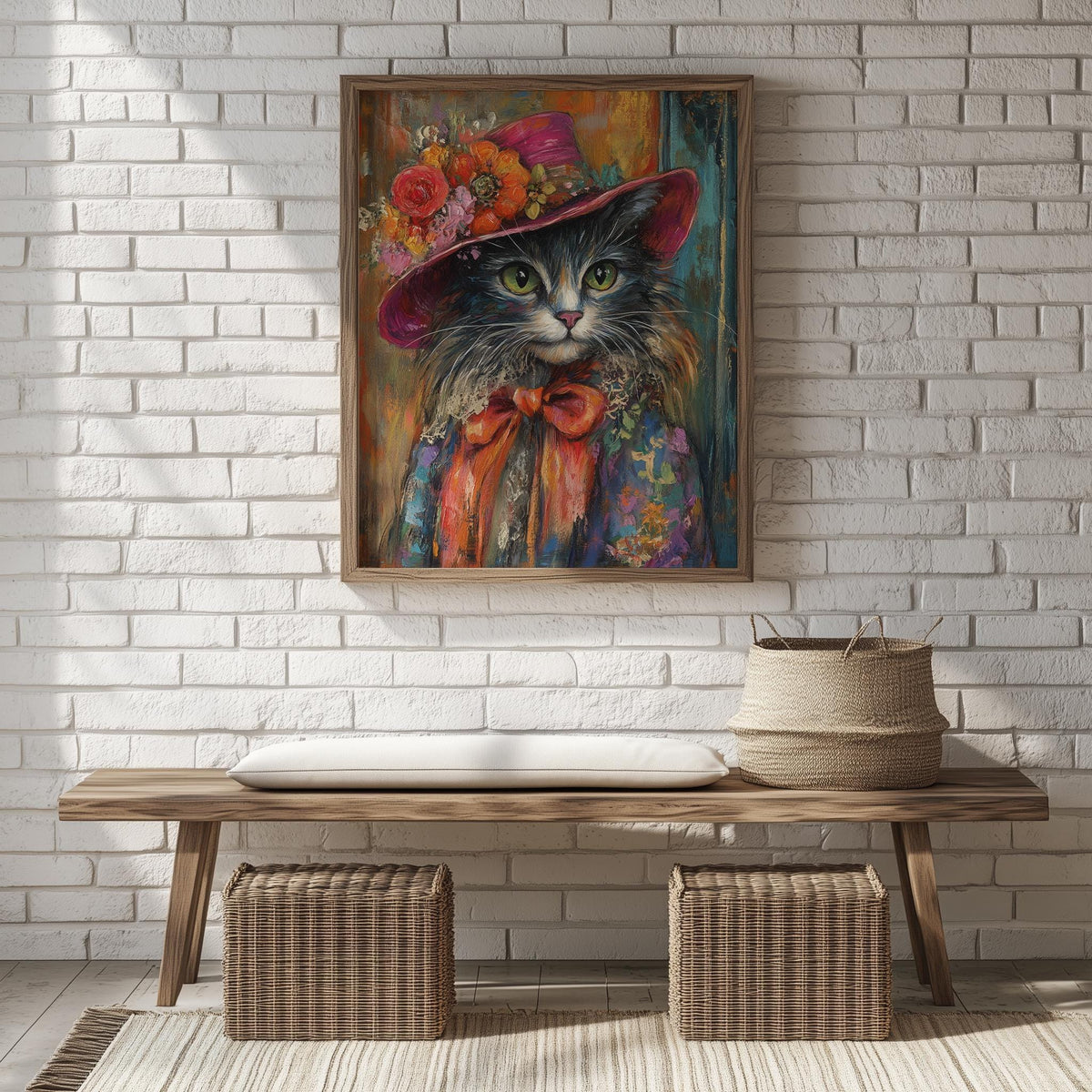 Cat Floral Hat animal art print shown in a room setting