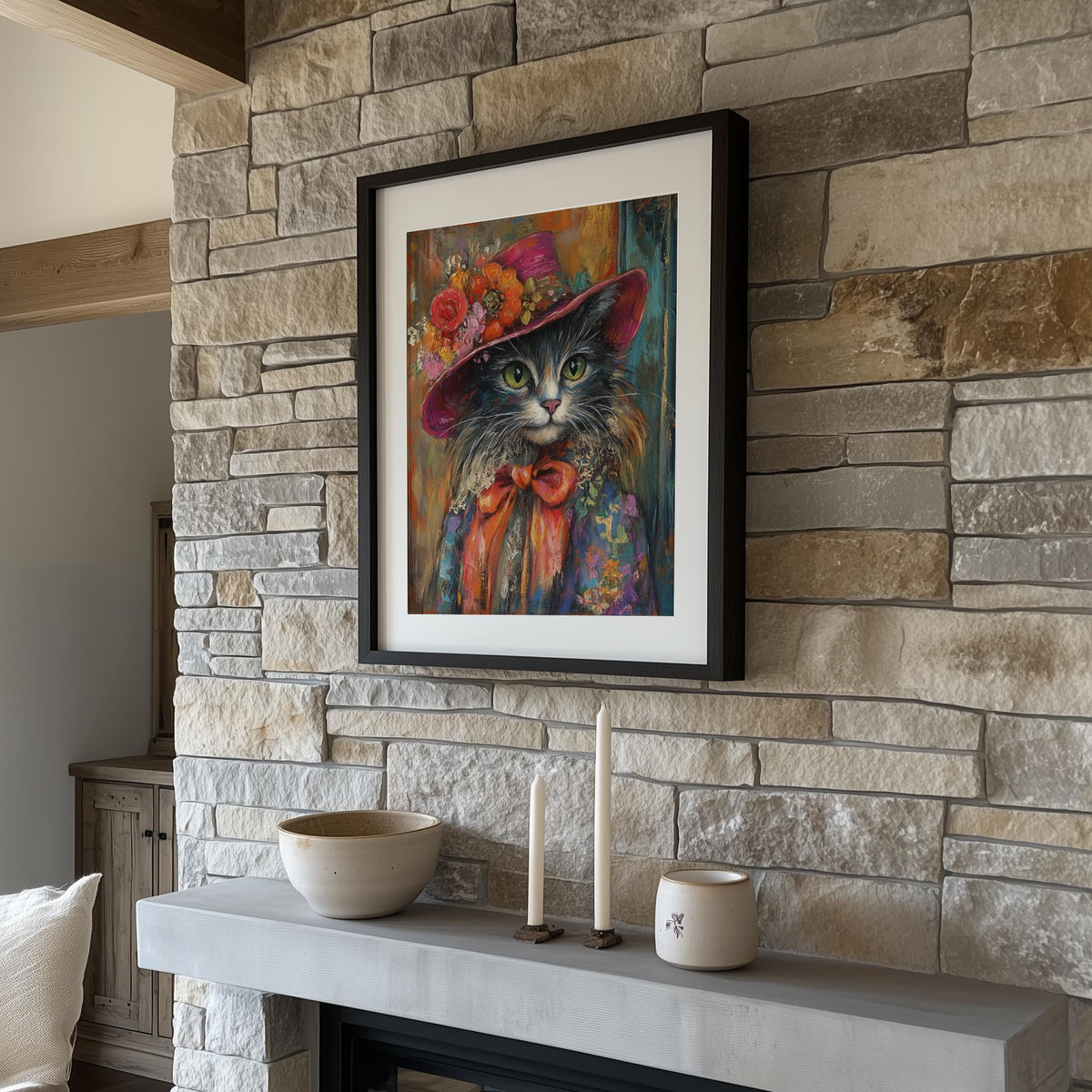 Cat Floral Hat animal art print shown in a room setting