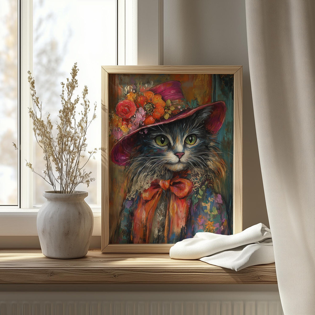 Cat Floral Hat animal art print shown in a room setting