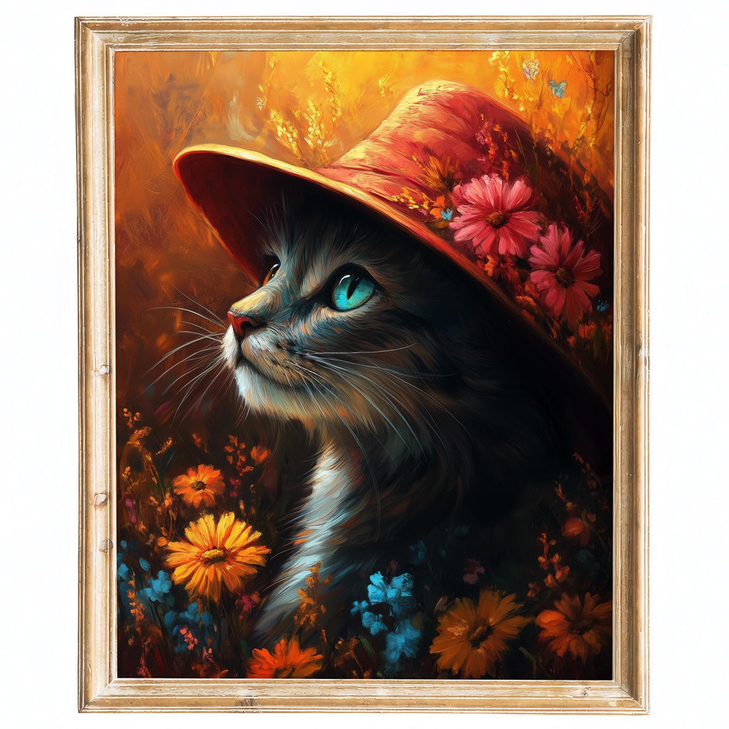 Cat Red Hat animal art print framed