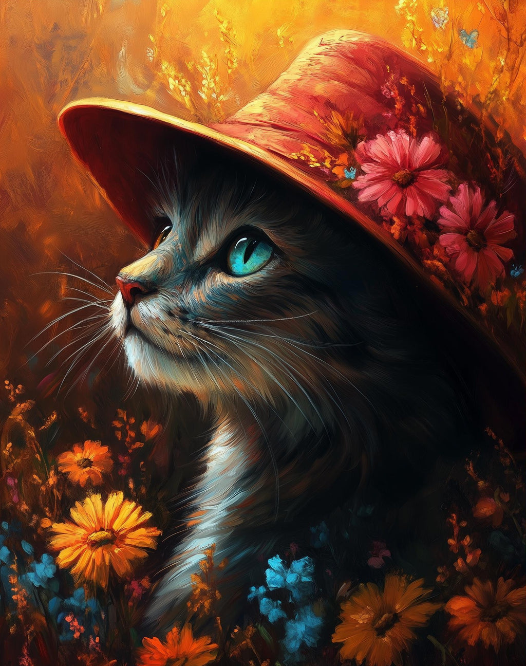 Cat Red Hat animal art print unframed, signed by Pattie Overcash