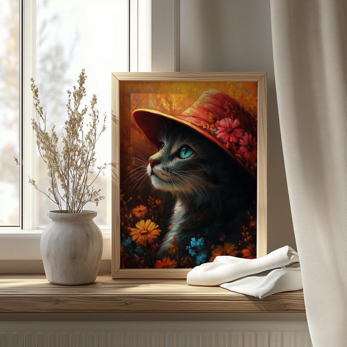 Cat Red Hat animal art print shown in a room setting