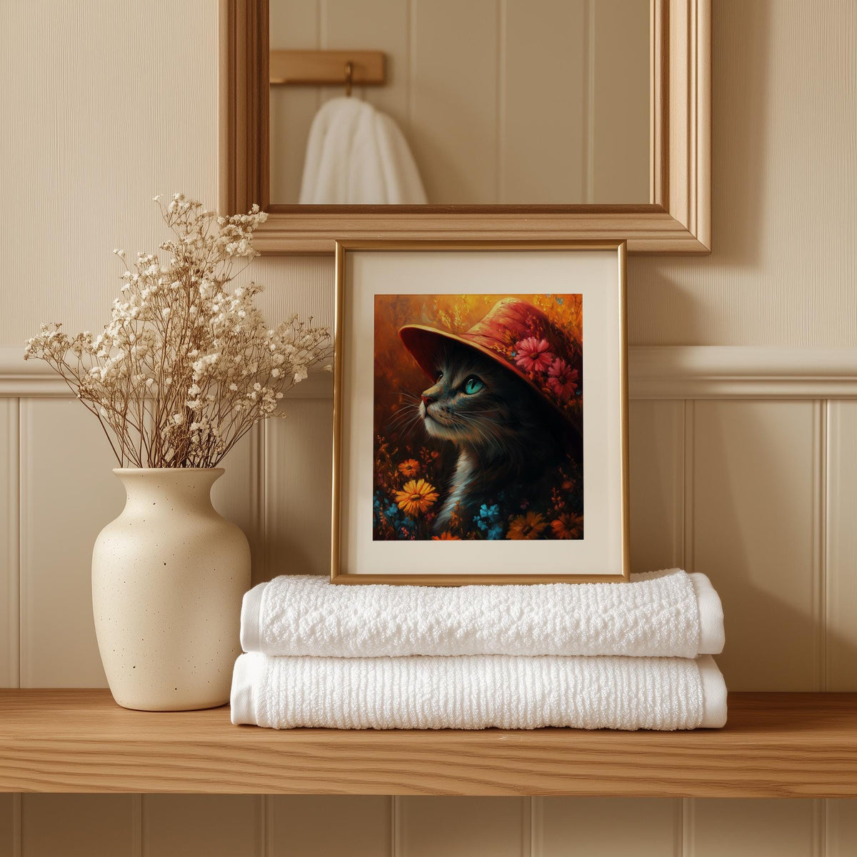 Cat Red Hat animal art print shown in a room setting