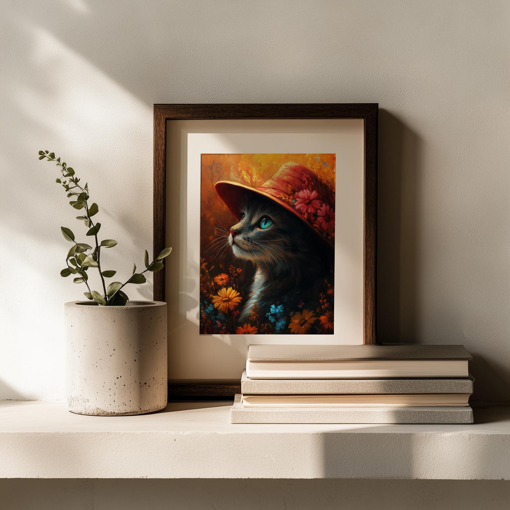 Cat Red Hat animal art print shown in a room setting