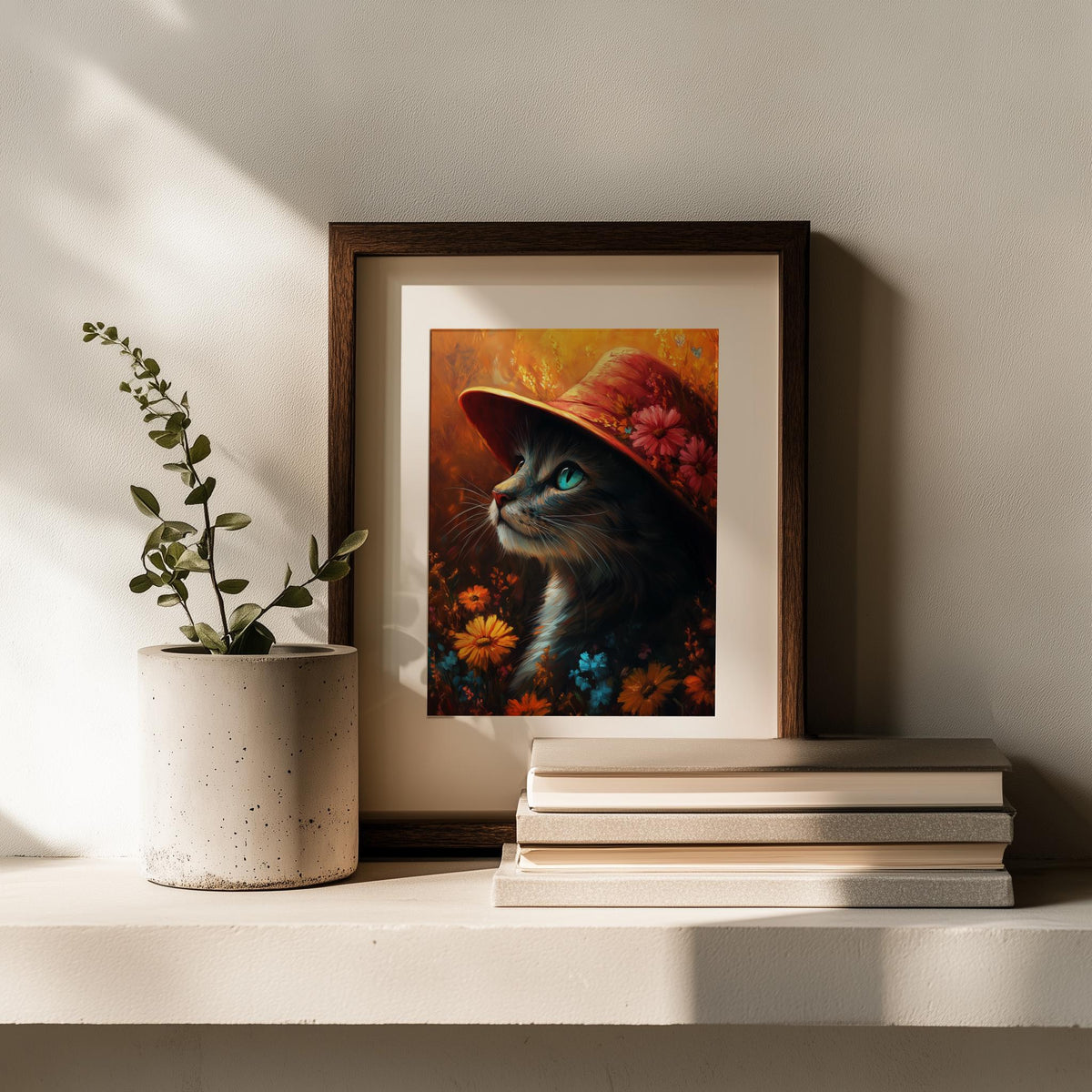 Cat Red Hat animal art print shown in a room setting
