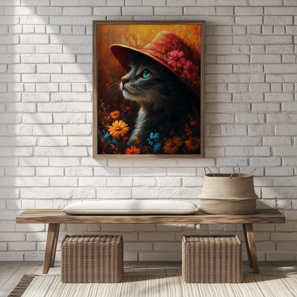 Cat Red Hat animal art print shown in a room setting