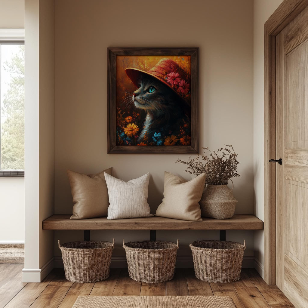 Cat Red Hat animal art print shown in a room setting