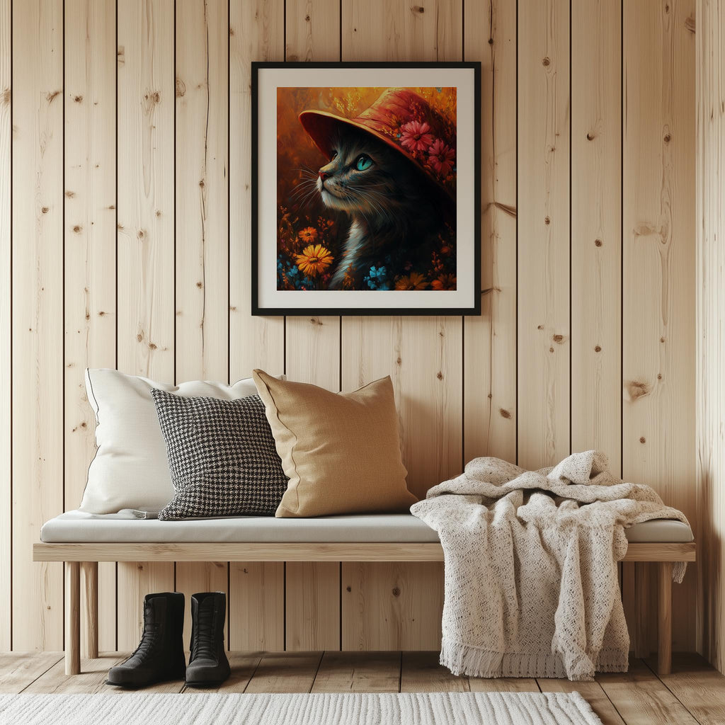 Cat Red Hat animal art print shown in a room setting