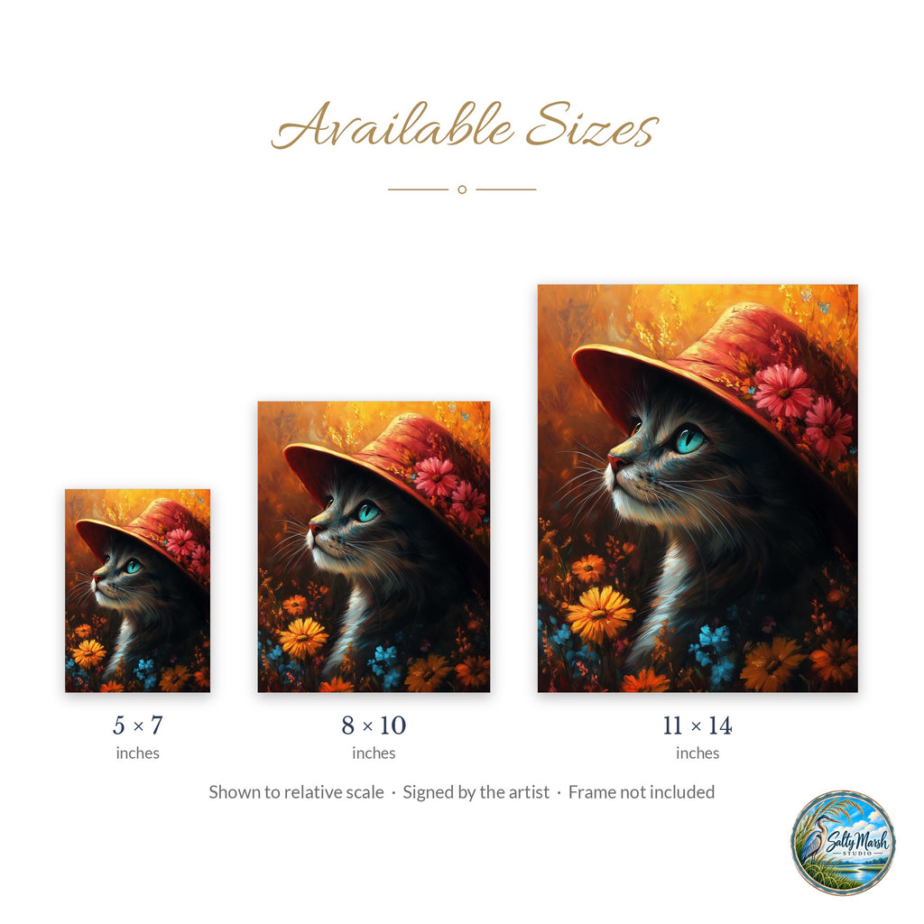 Cat Red Hat art print size guide: 5x7, 8x10 and 11x14