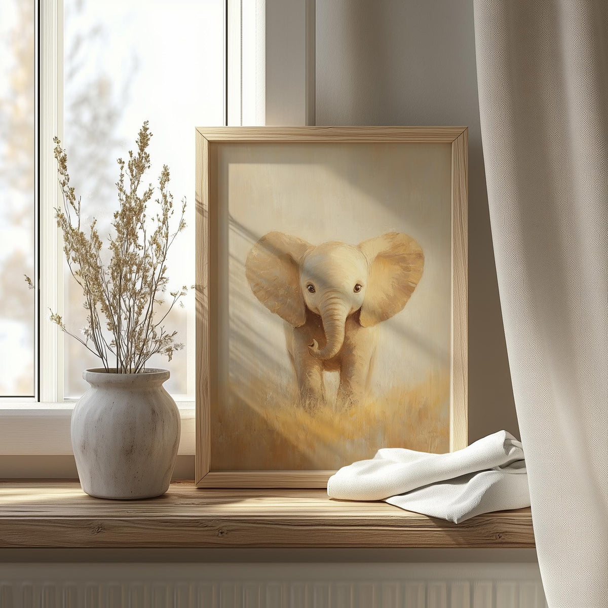 Baby Elephant animal art print shown in a room setting