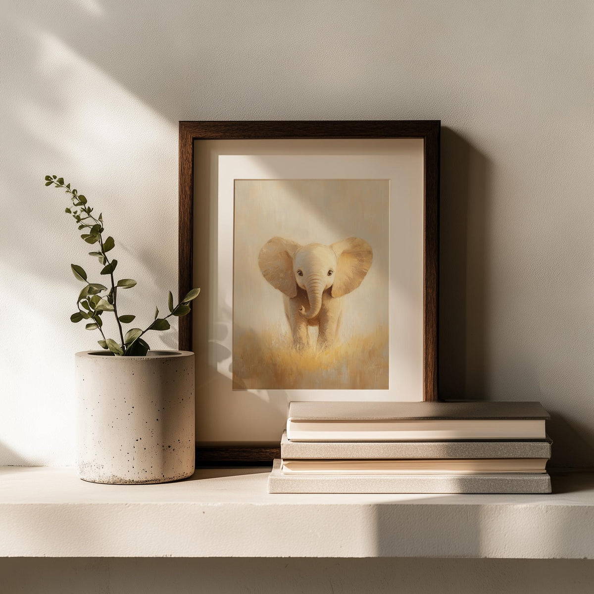 Baby Elephant animal art print shown in a room setting