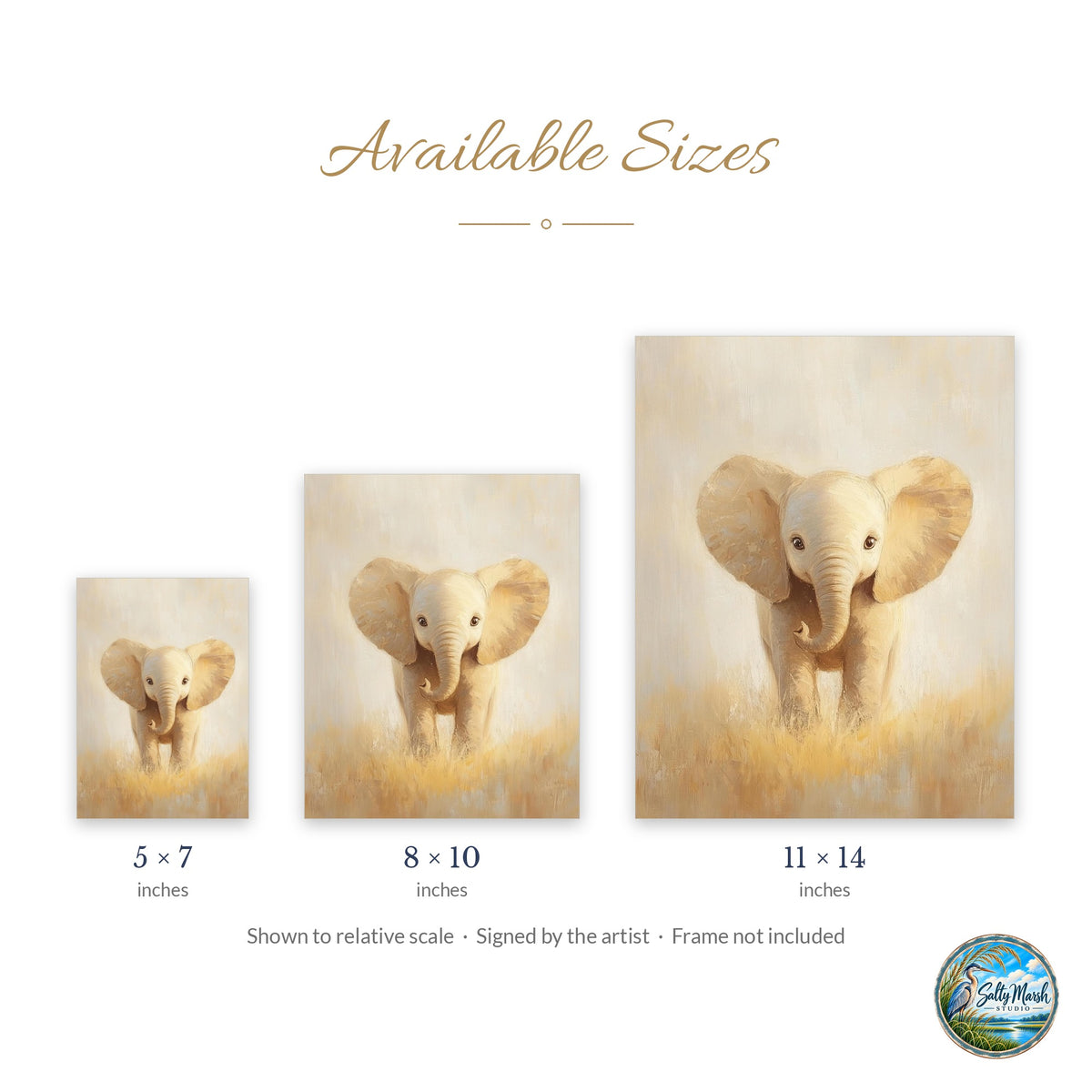 Baby Elephant art print size guide: 5x7, 8x10 and 11x14