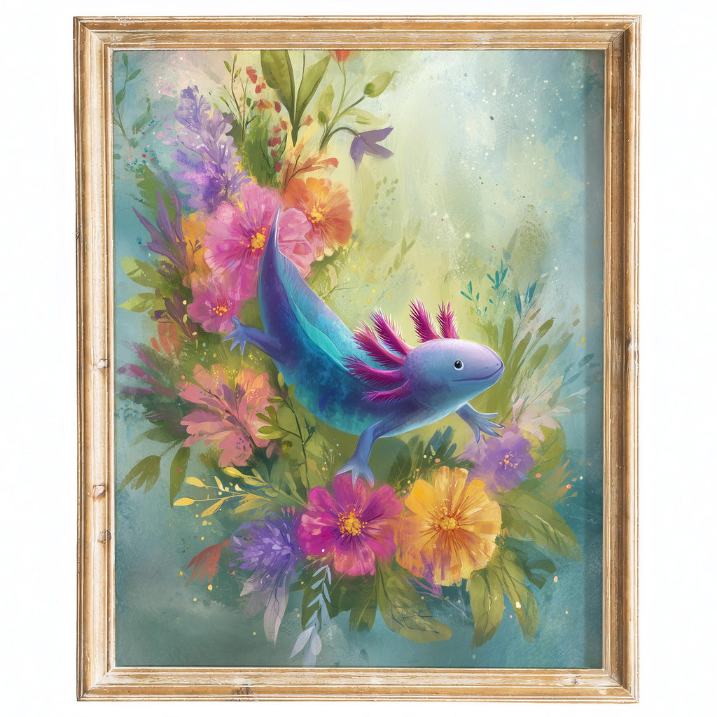 Axolotl Flowers animal art print framed