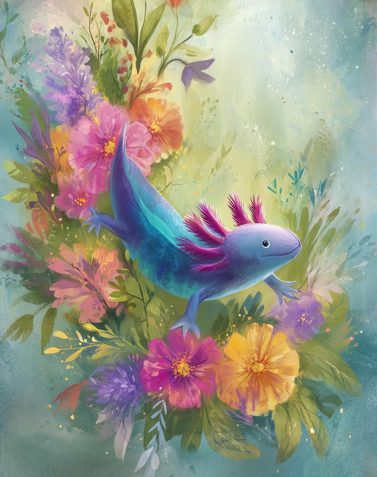 Axolotl Flowers animal art print unframed, signed by Pattie Overcash