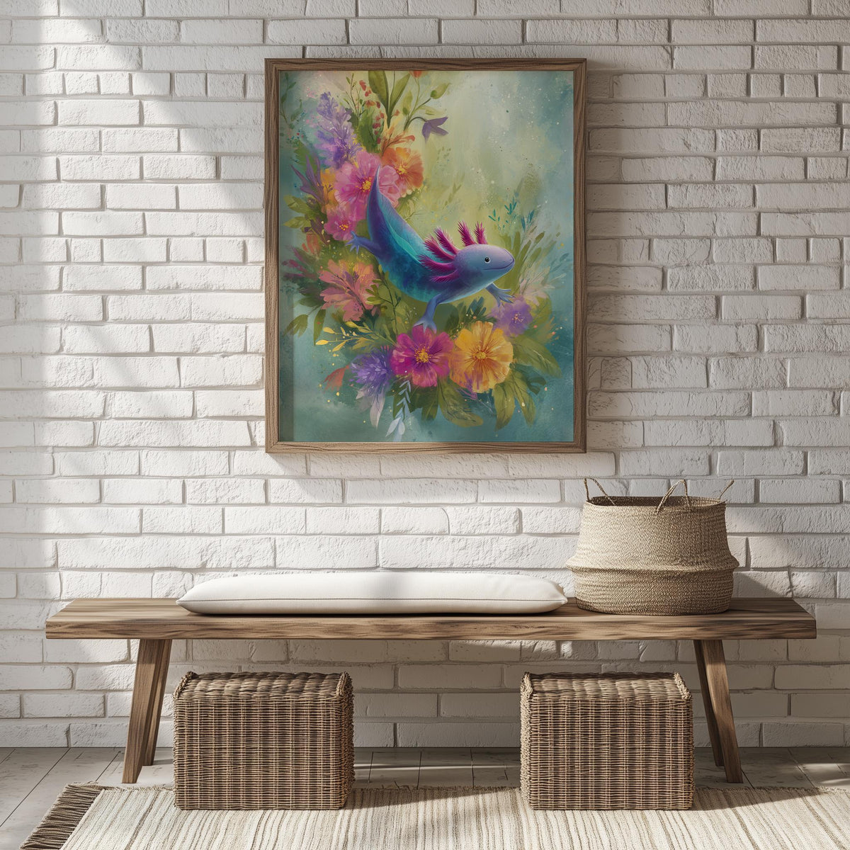Axolotl Flowers animal art print shown in a room setting