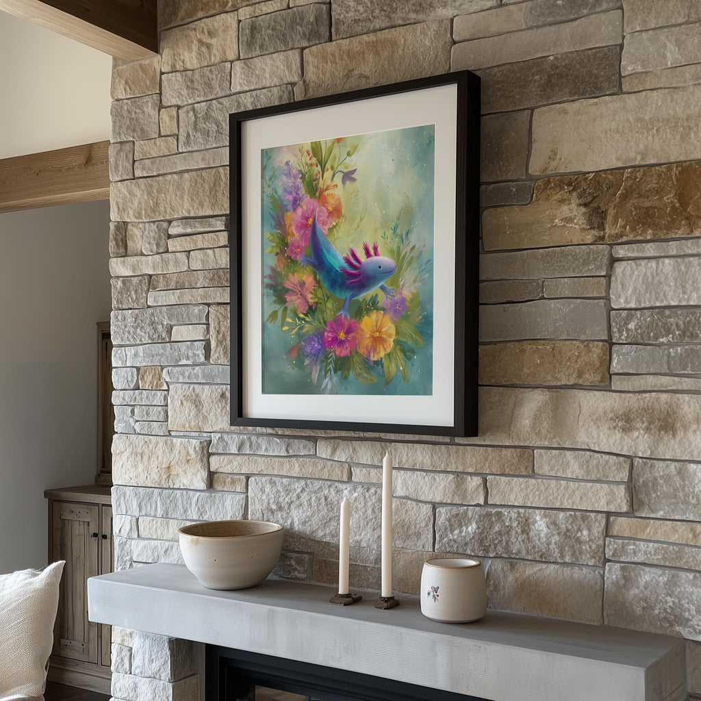 Axolotl Flowers animal art print shown in a room setting