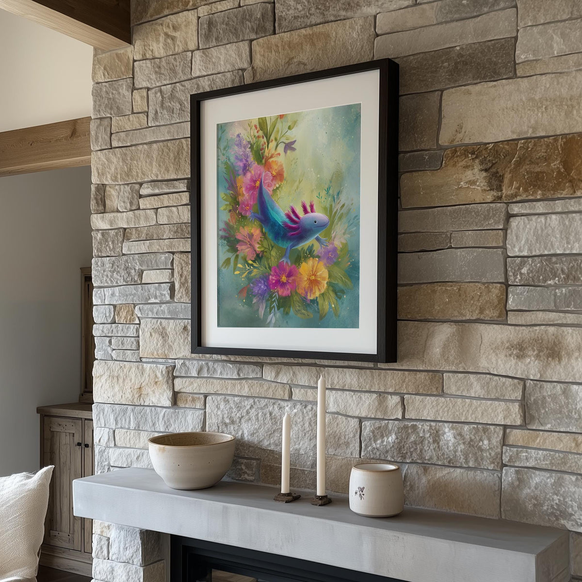 Axolotl Flowers animal art print shown in a room setting