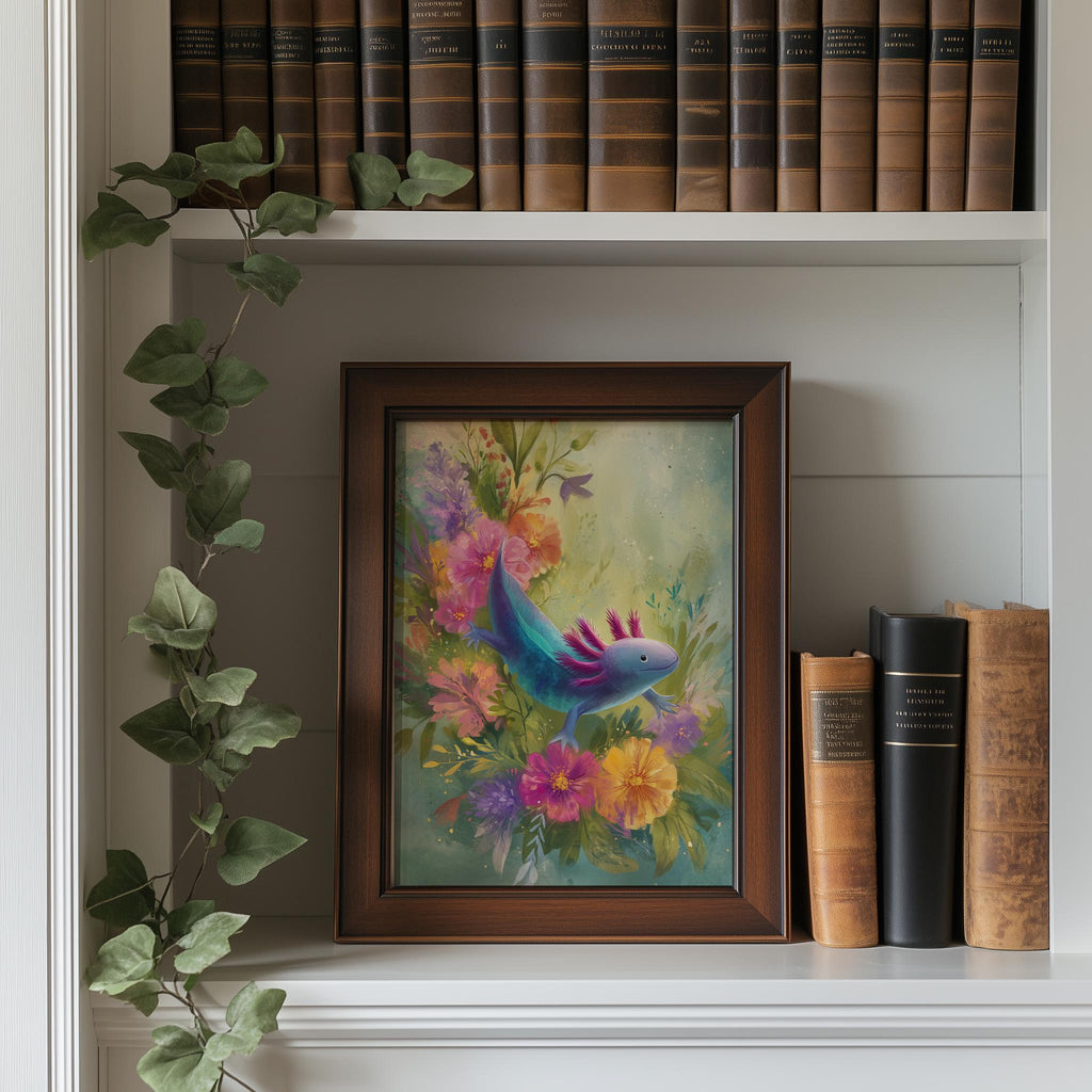 Axolotl Flowers animal art print shown in a room setting