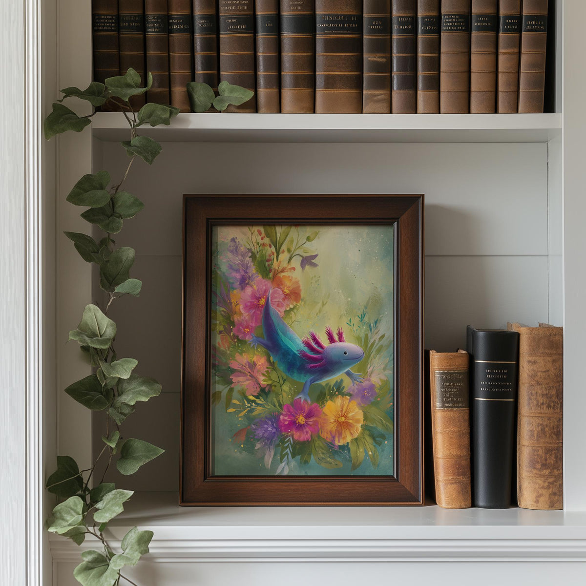 Axolotl Flowers animal art print shown in a room setting