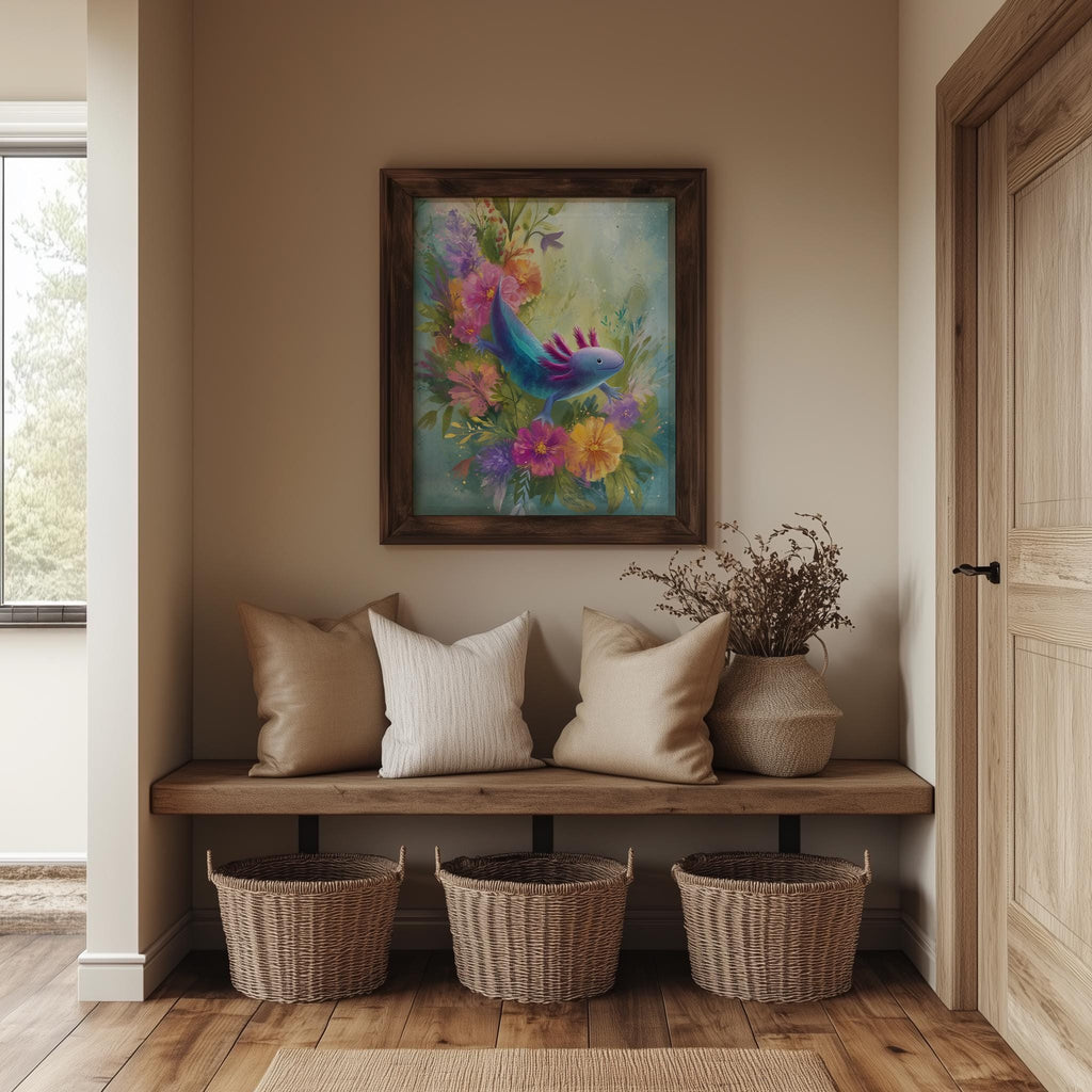 Axolotl Flowers animal art print shown in a room setting