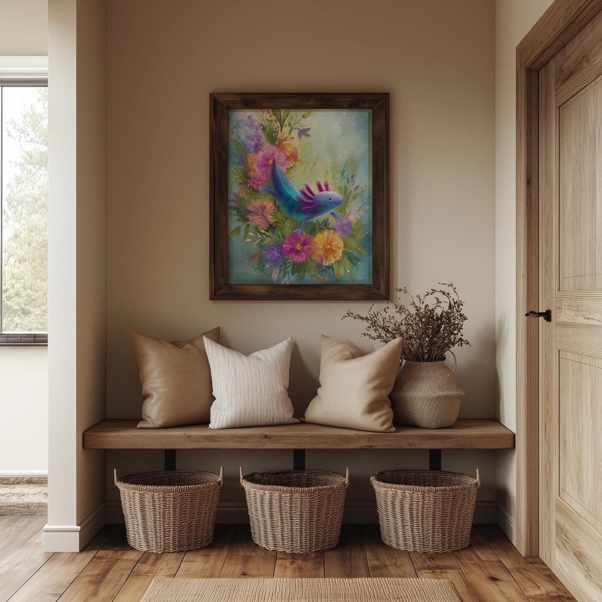 Axolotl Flowers animal art print shown in a room setting