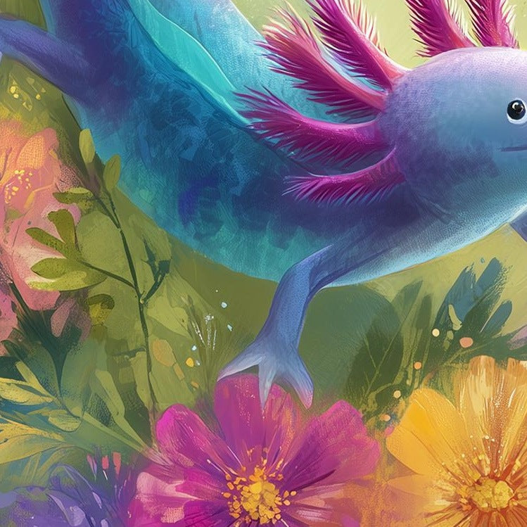 Axolotl Flowers animal art print close-up detail