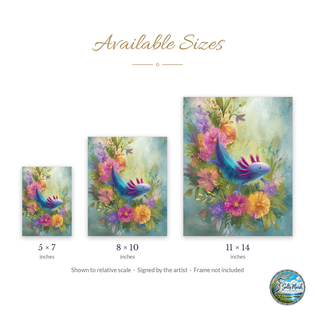 Axolotl Flowers art print size guide: 5x7, 8x10 and 11x14