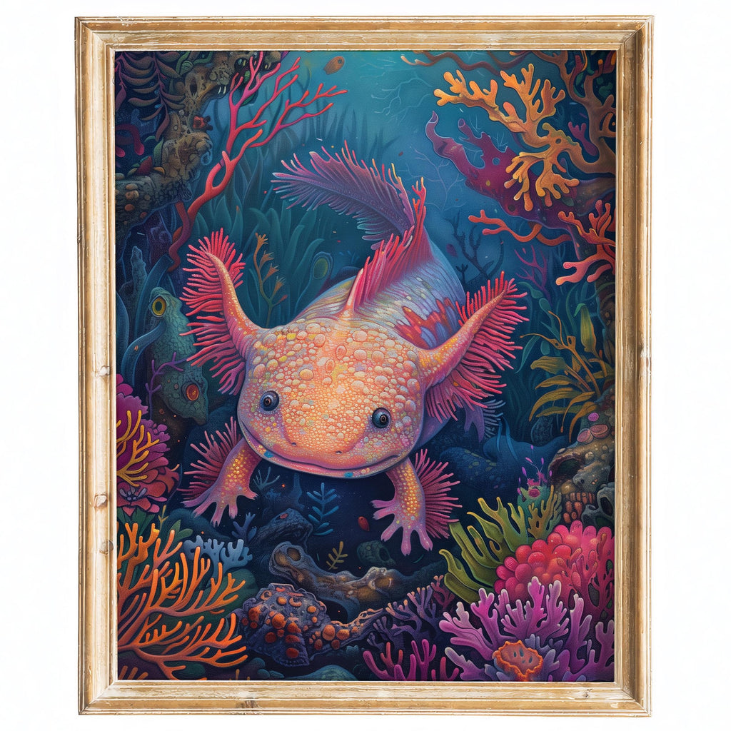 Coral Axolotl animal art print framed