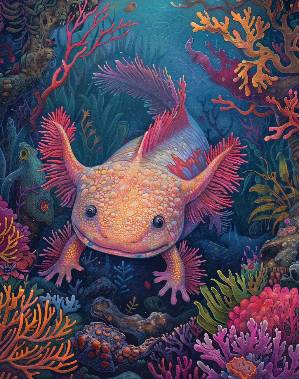 Coral Axolotl animal art print unframed, signed by Pattie Overcash