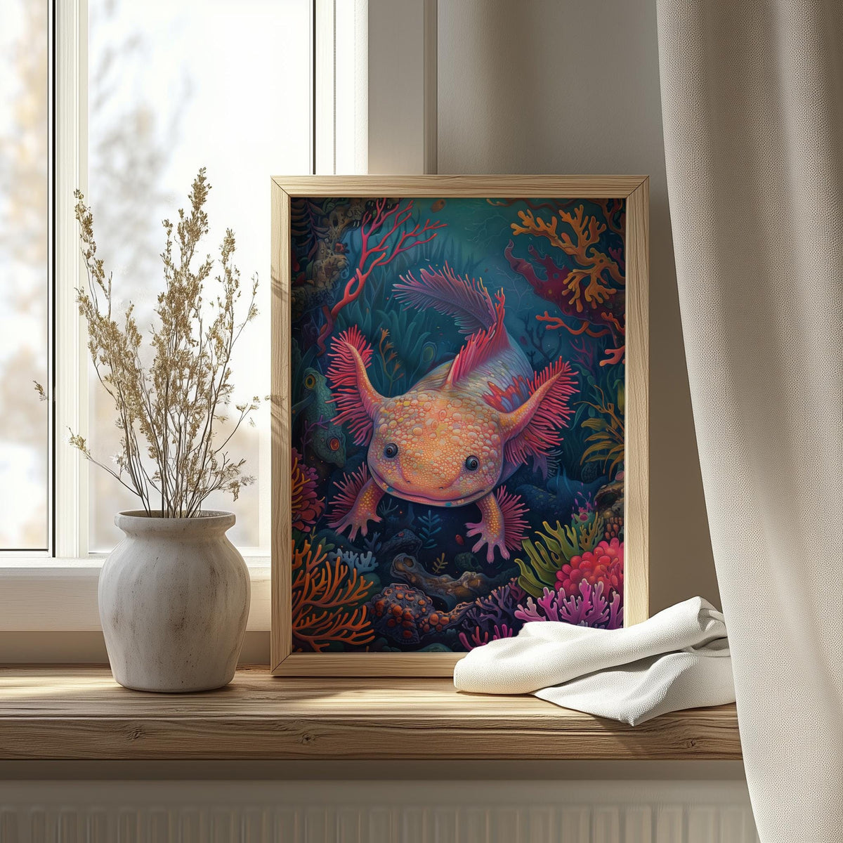 Coral Axolotl animal art print shown in a room setting