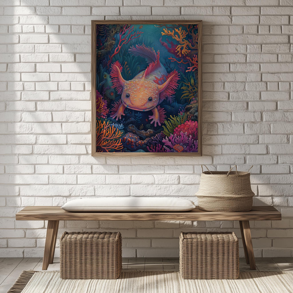 Coral Axolotl animal art print shown in a room setting