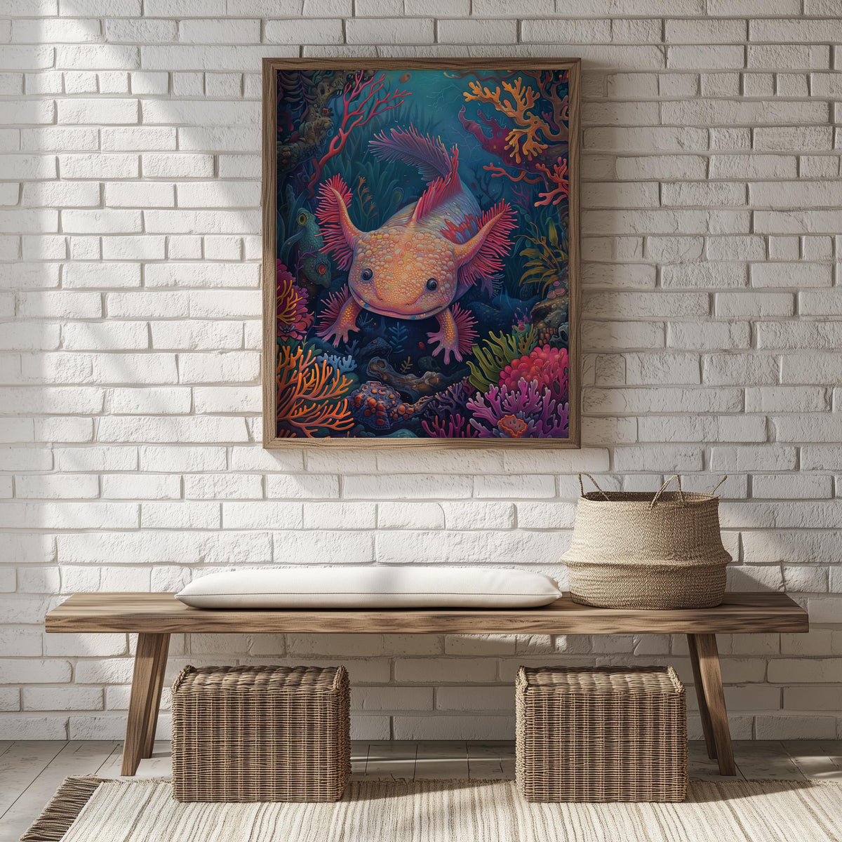 Coral Axolotl animal art print shown in a room setting