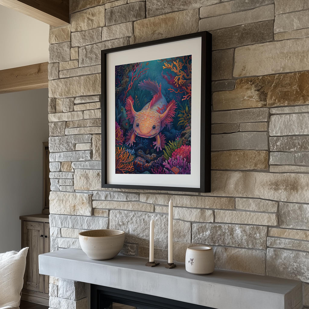 Coral Axolotl animal art print shown in a room setting