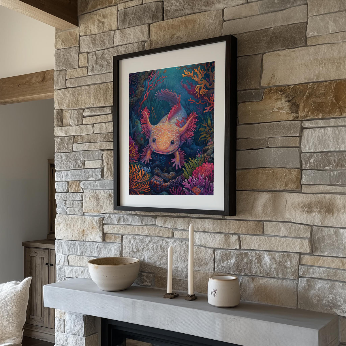 Coral Axolotl animal art print shown in a room setting