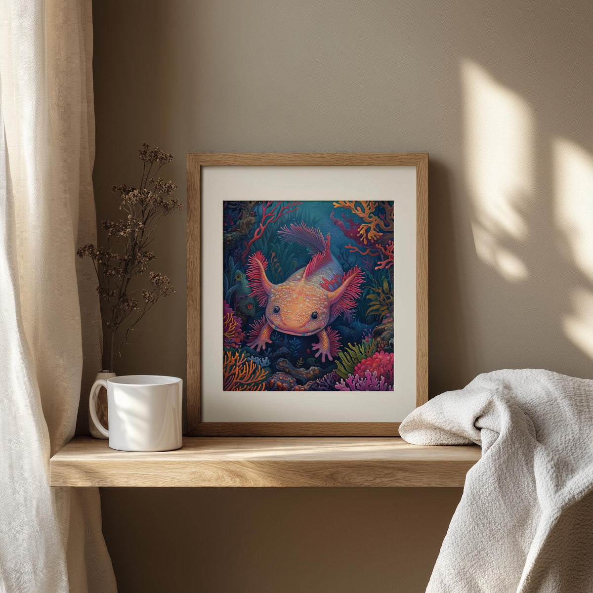 Coral Axolotl animal art print shown in a room setting