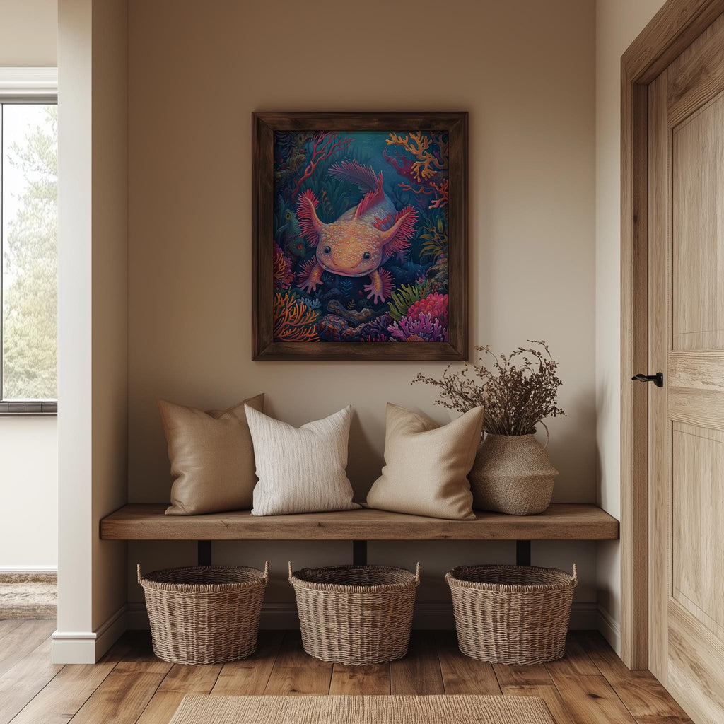 Coral Axolotl animal art print shown in a room setting