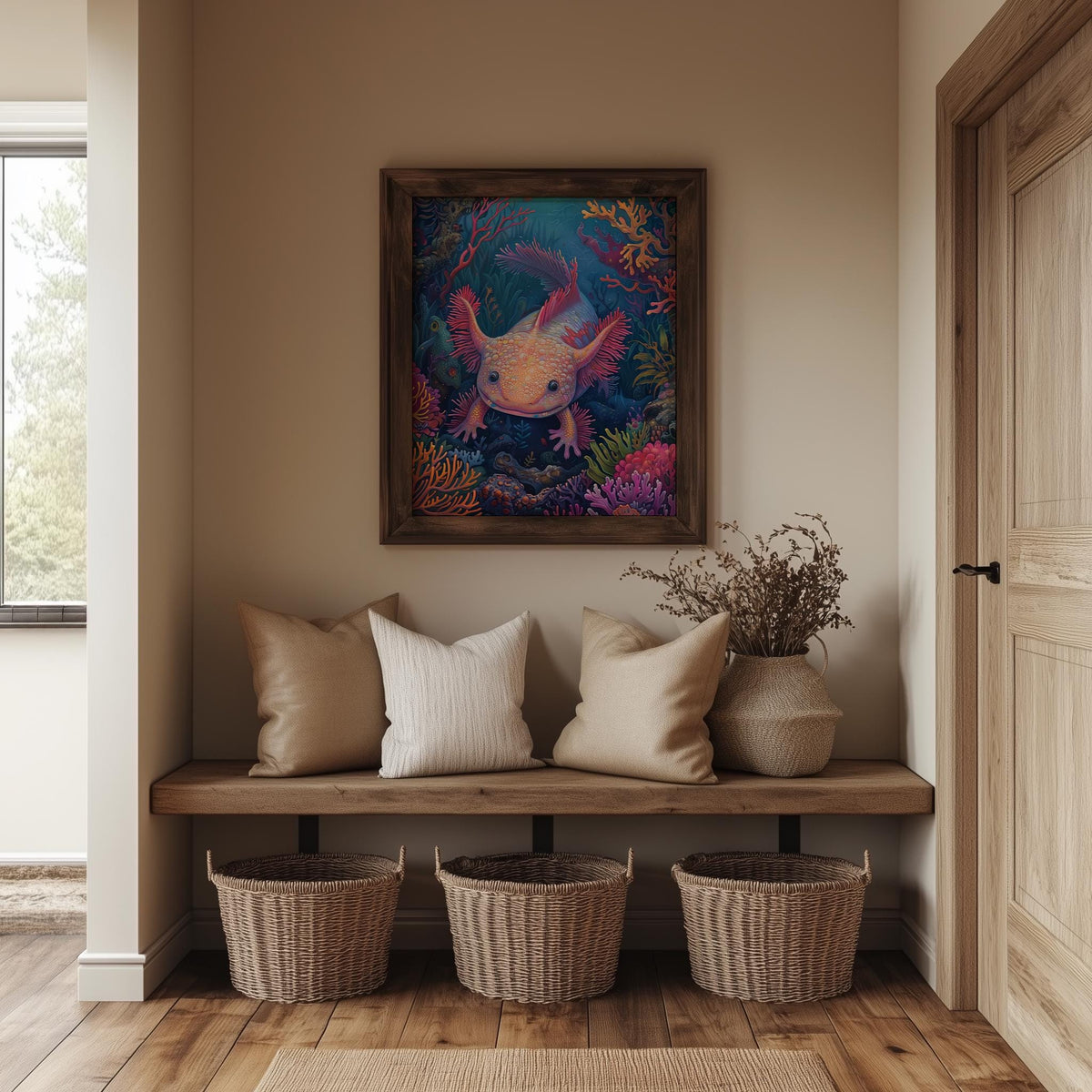 Coral Axolotl animal art print shown in a room setting